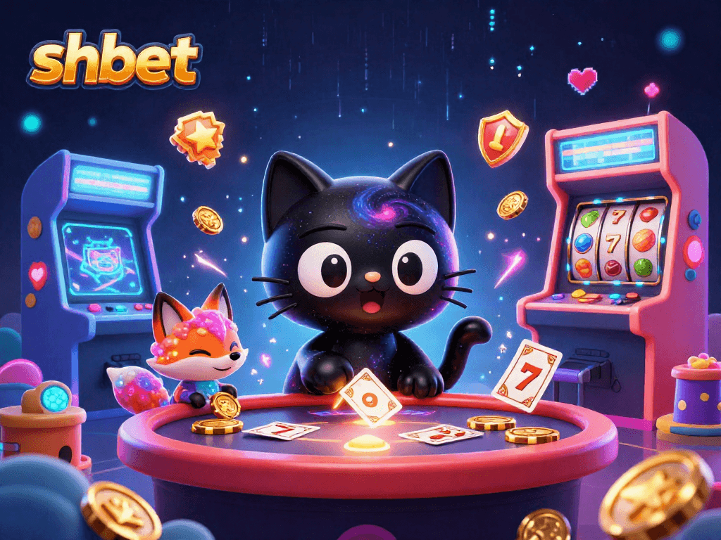 Engaging shbet casino scene with a cosmic cat and vibrant gaming elements