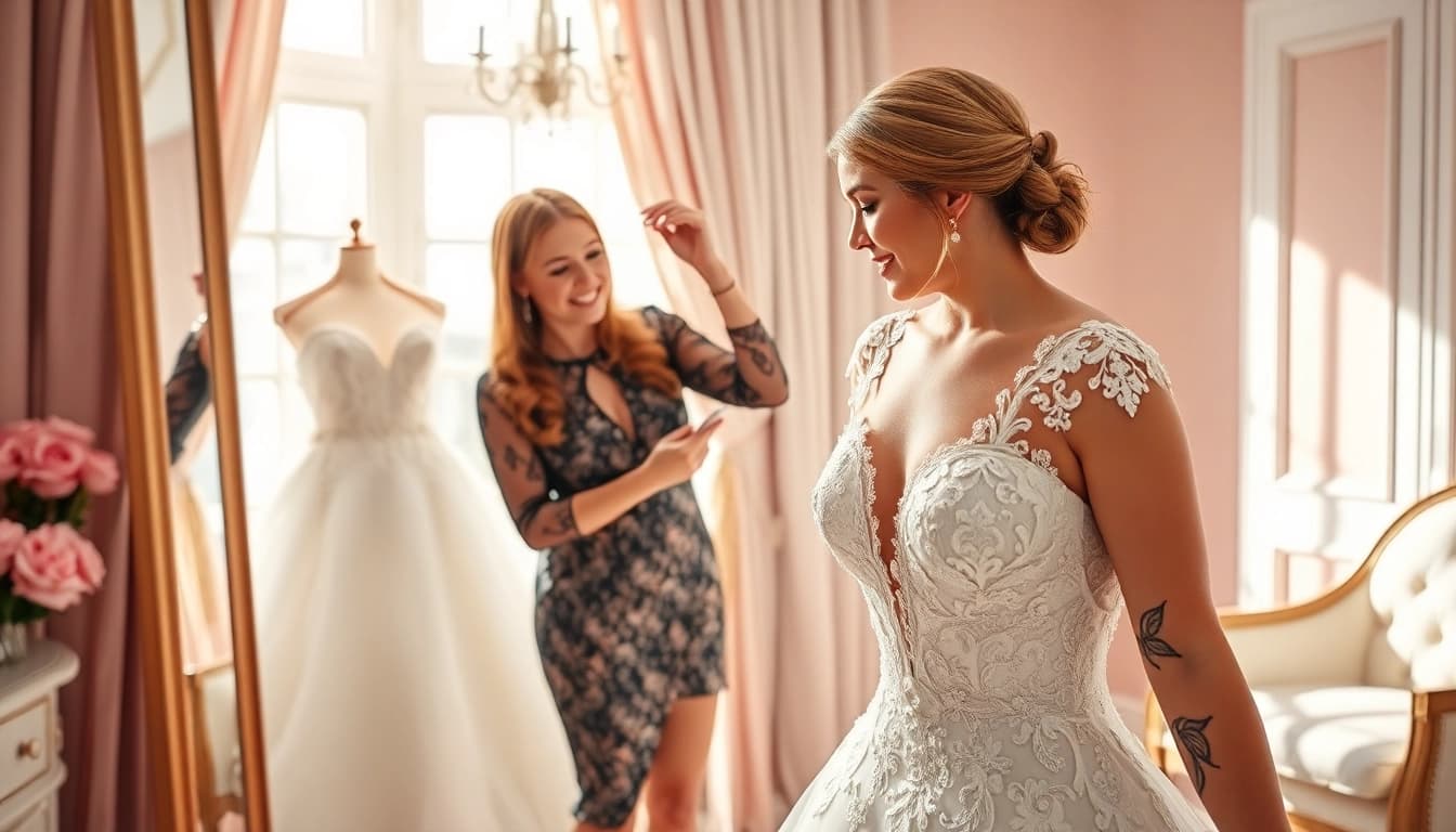 Bridal styling: un esperto stilista che aiuta una sposa a prepararsi per il giorno del matrimonio.