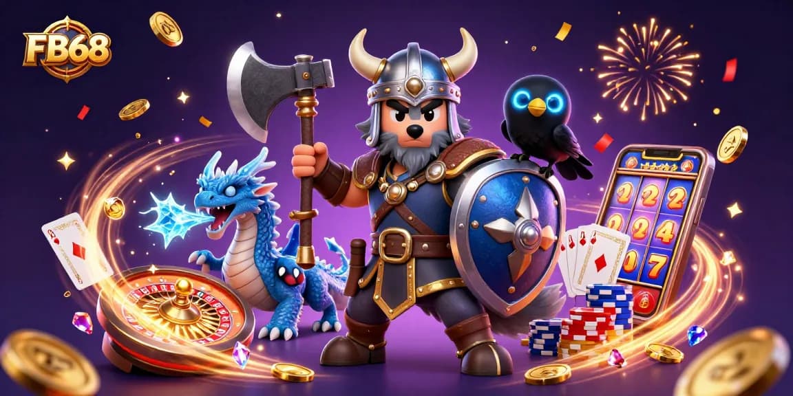 Join the excitement at FB68 with a captivating 3D scene of gaming heroes, celebrating winnings!