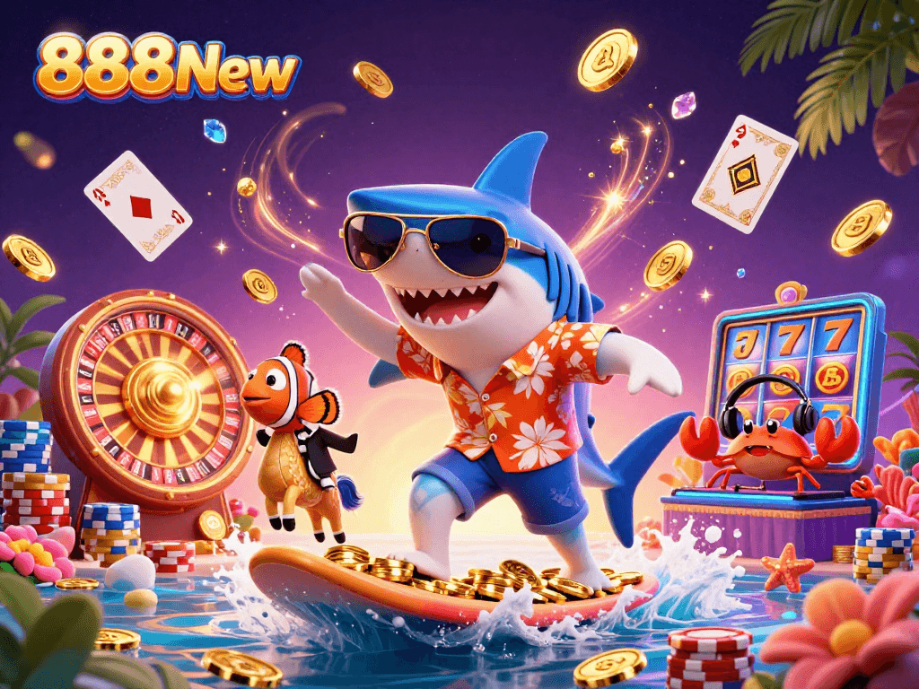 Experience thrilling gameplay with 888New's vibrant casino illustration showcasing a shark and friends winning big.