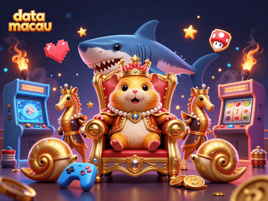 A dynamic casino-themed scene with the golden hamster king and seahorse guards in a richly detailed world, highlighting data macau gaming elements.