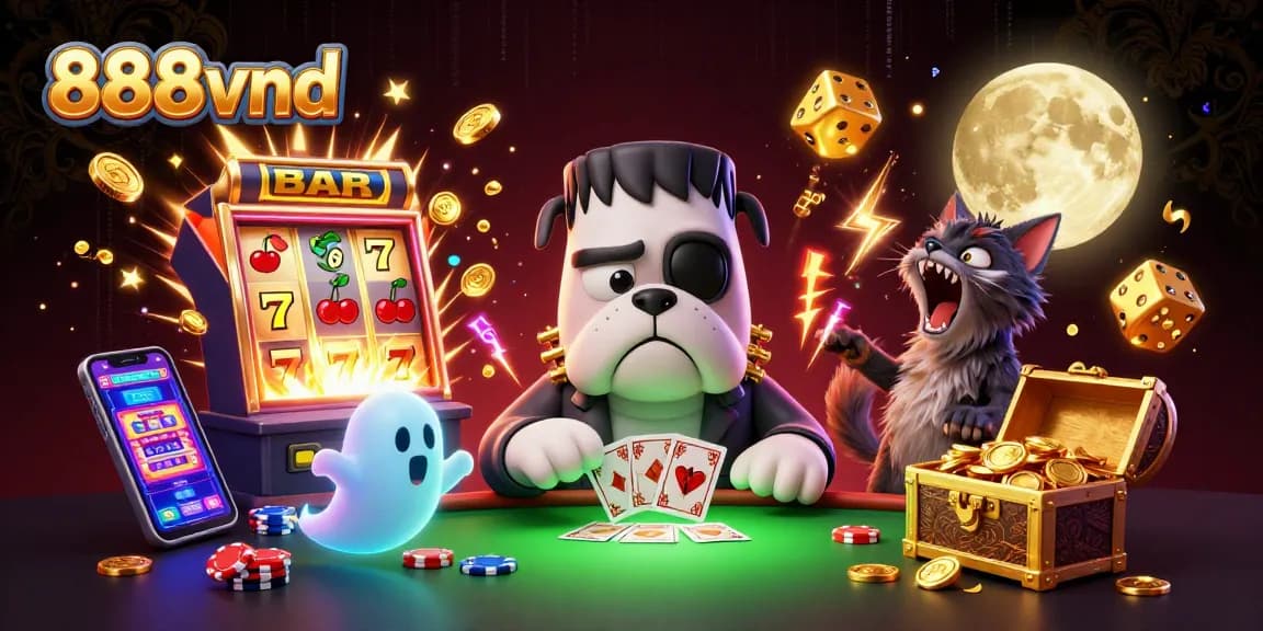 Engage with 888vnd's thrilling casino experience featuring a lively bulldog dealer, winning symbols, and festive elements.