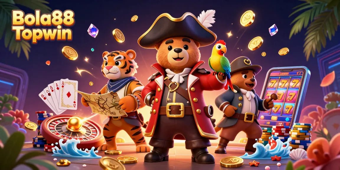 Bola88 Topwin showcases thrilling slot action with vibrant characters, cascading coins, and dynamic gaming elements.