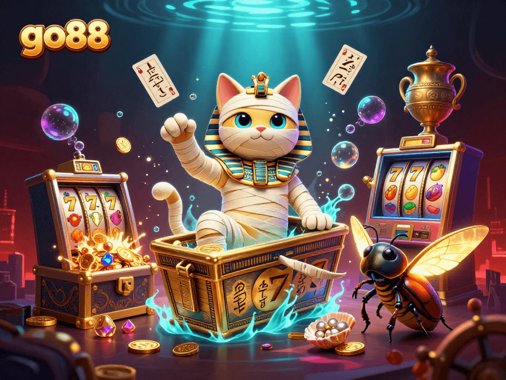 Engage with go88's thrilling games featuring an Egyptian mummy cat and treasures in a vibrant casino scene.