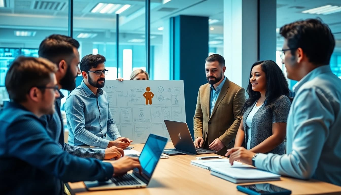 Cyber Essentials UK team discussing cybersecurity strategies in a modern office setting.