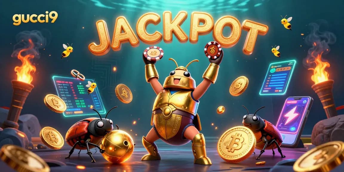 Feel the excitement at gucci9 as a heroic beetle celebrates a jackpot, surrounded by vibrant casino elements.