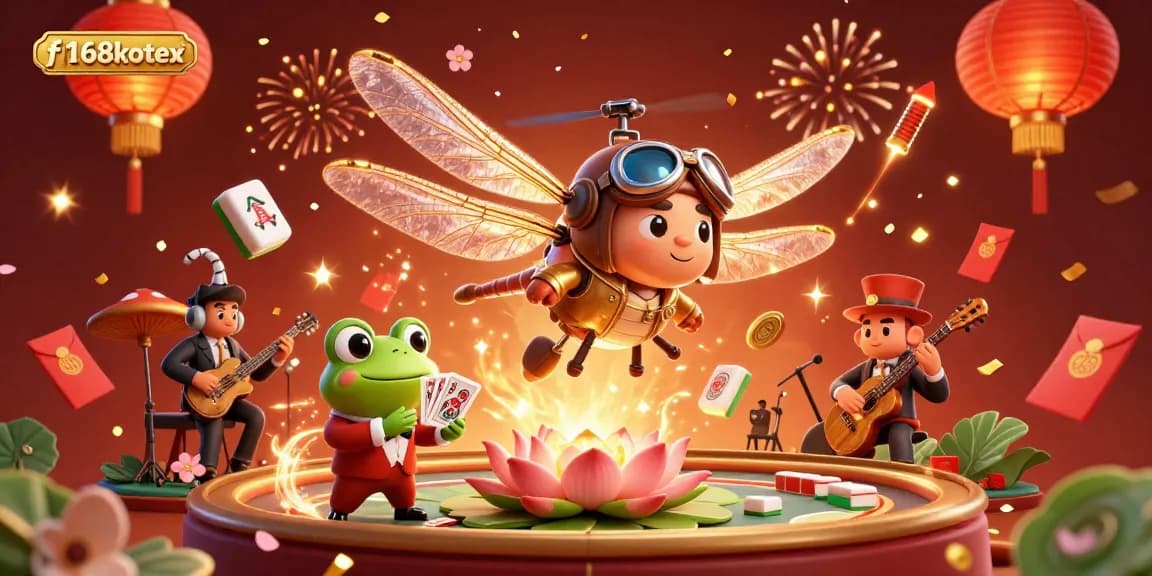 Engage with f168kotex as a dragonfly pilot hovers over a lily pad casino, amidst vibrant gaming symbols.