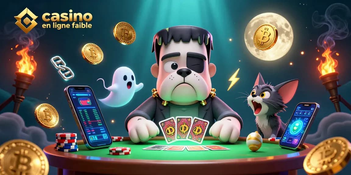 Jouer au casino en ligne fiable avec un bulldog Frankenstein et un chat loup dans une scène animée.