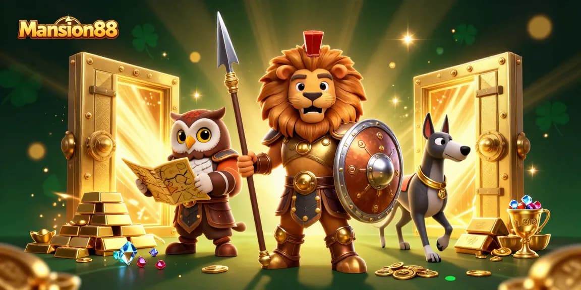 Mansion88 enhances the thrill of winning with engaging betting experiences featuring a Spartan lion and treasure.