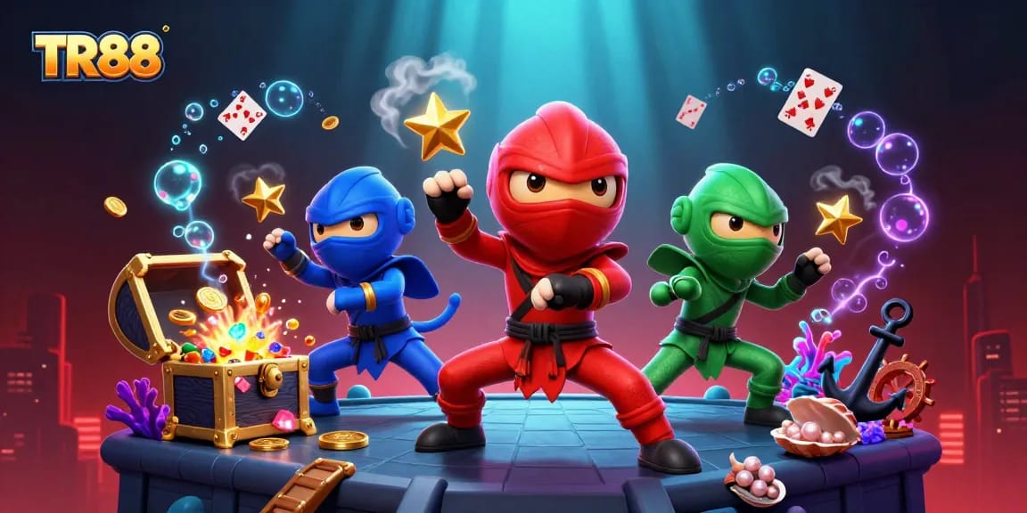 Experience thrilling gaming action with TR88's dynamic 3D illustration featuring ninjas and treasure!