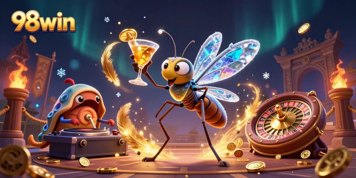 Spin the reels of fortune at 98win with our dynamic casino characters in a vibrant 3D scene.