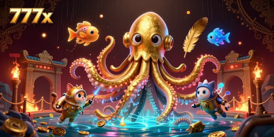Experience the thrill of 777x with a kraken and diving cat in a vibrant casino scene.