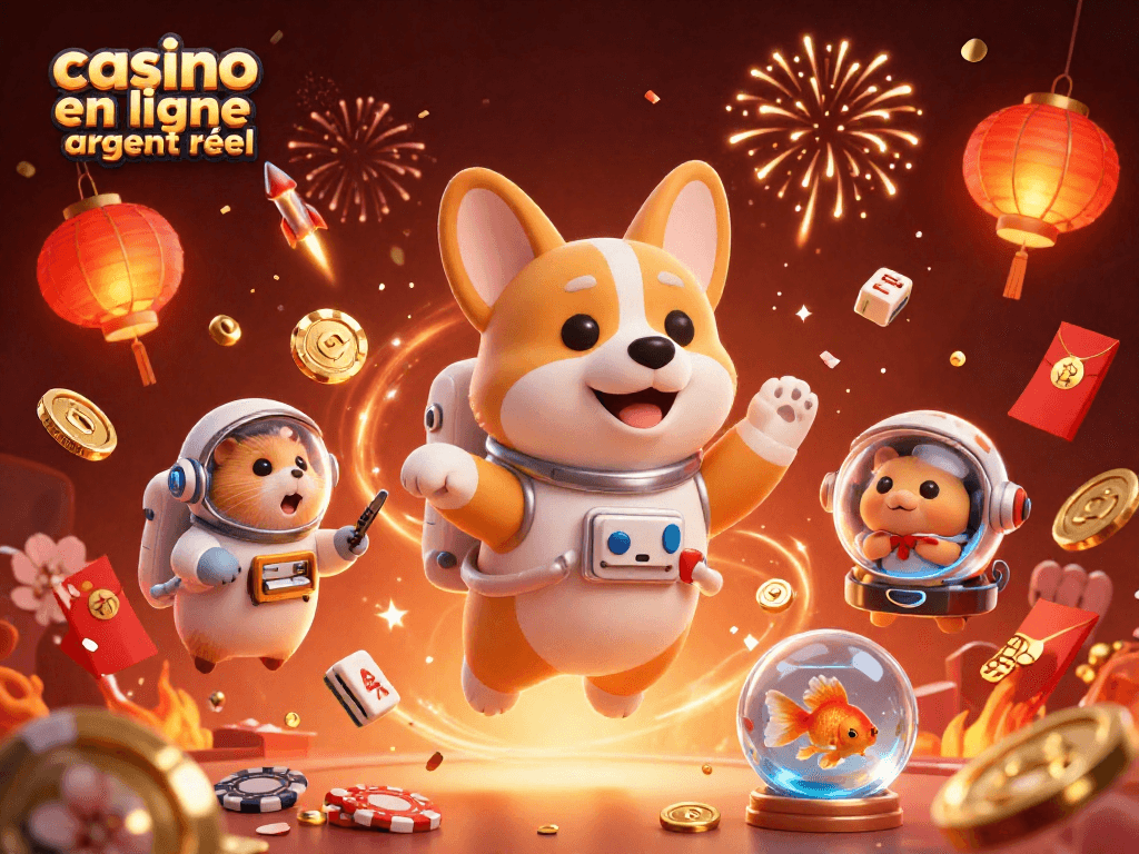 Illustration vibrante représentant le casino en ligne argent réel avec un corgi astronaute et des jetons flottants.
