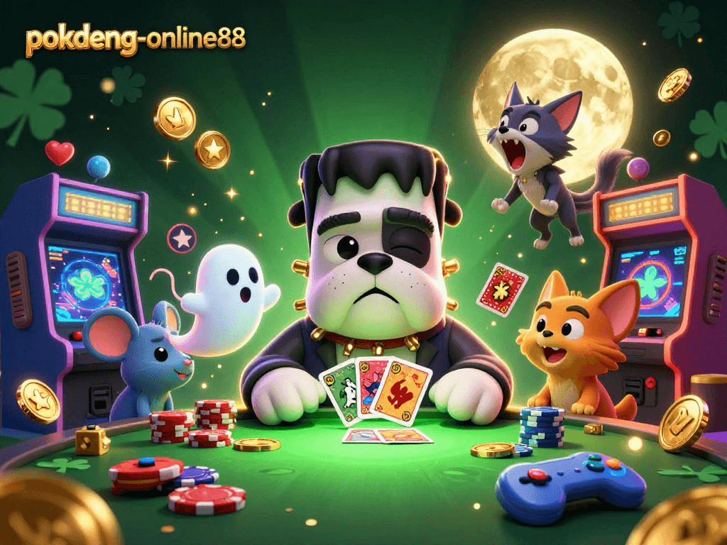 Engage in thrilling gameplay at pokdeng-online88 with unique characters like a Frankenstein bulldog, ghost mouse, and werewolf kitten