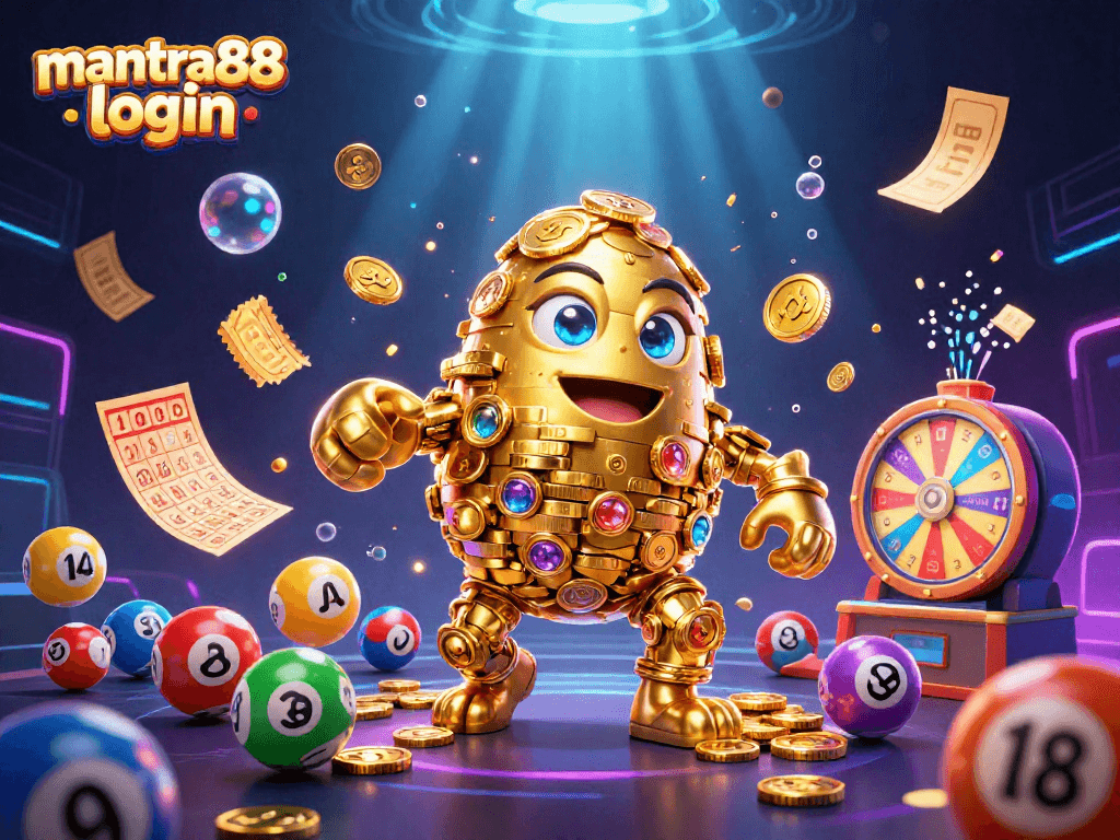 Play and win with mantra88 login in this vibrant 3D casino-themed illustration.