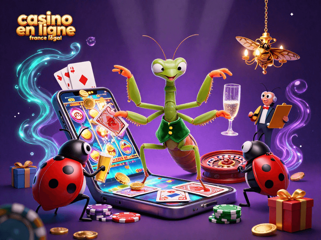Illustration dynamique d'un casino en ligne France légal, mettant en avant un caméléon et un croupier, illustrant l'univers des jeux d'argent.