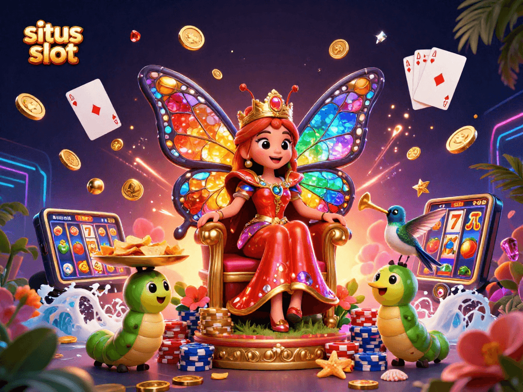 Experience situs slot excitement with a vibrant scene of a butterfly queen surrounded by colorful casino elements.
