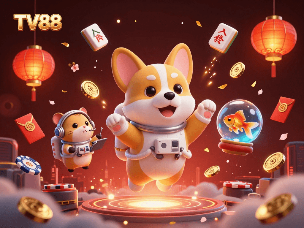 Engage in thrilling casino adventures with TV88's 3D illustration featuring astronauts and gaming elements.