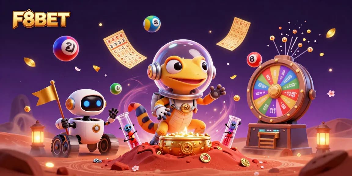 Join the fun at F8BET with a 3D Martian gecko exploring a golden casino.
