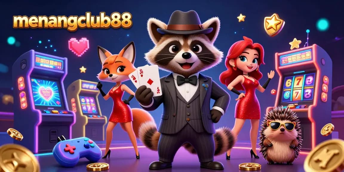 Engage with the excitement of menangclub88, featuring a suave raccoon and friends in a lively casino scene.