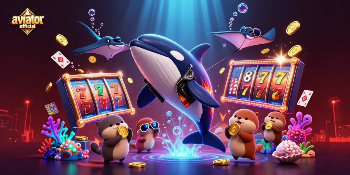 Aviator official game scene with animated characters surrounded by slot machines and gold coins, depicting exciting gambling moments.