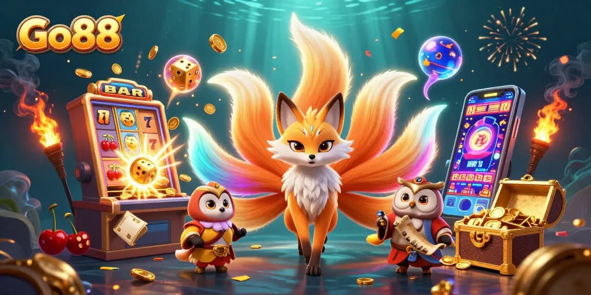 Go88 players enjoy vibrant casino action with glowing nine-tailed fox and thrilling slot machine bursts.