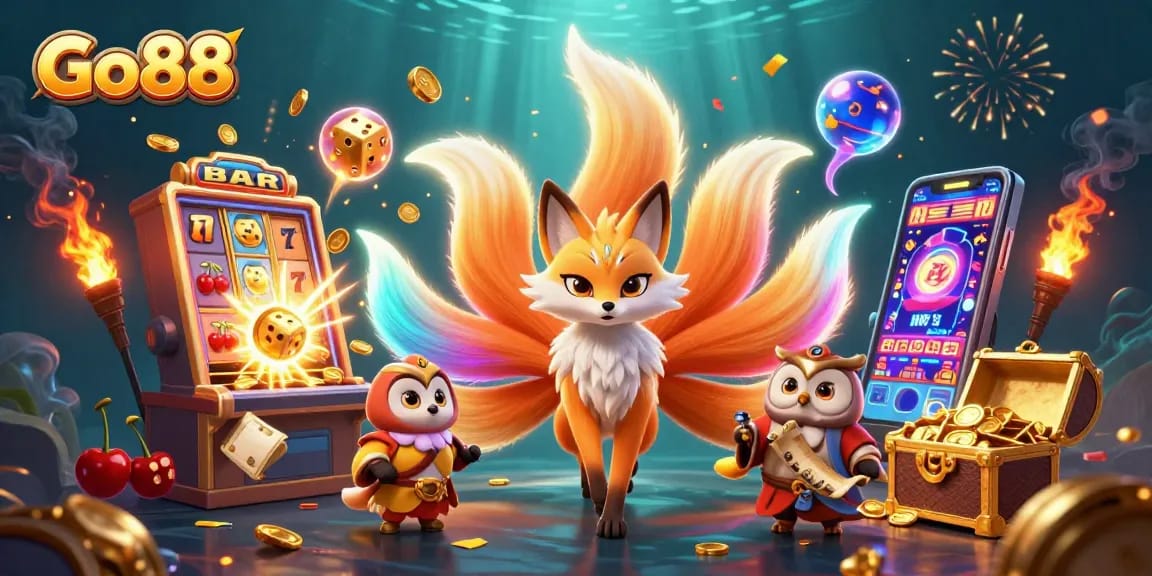 Go88 players enjoy vibrant casino action with glowing nine-tailed fox and thrilling slot machine bursts.