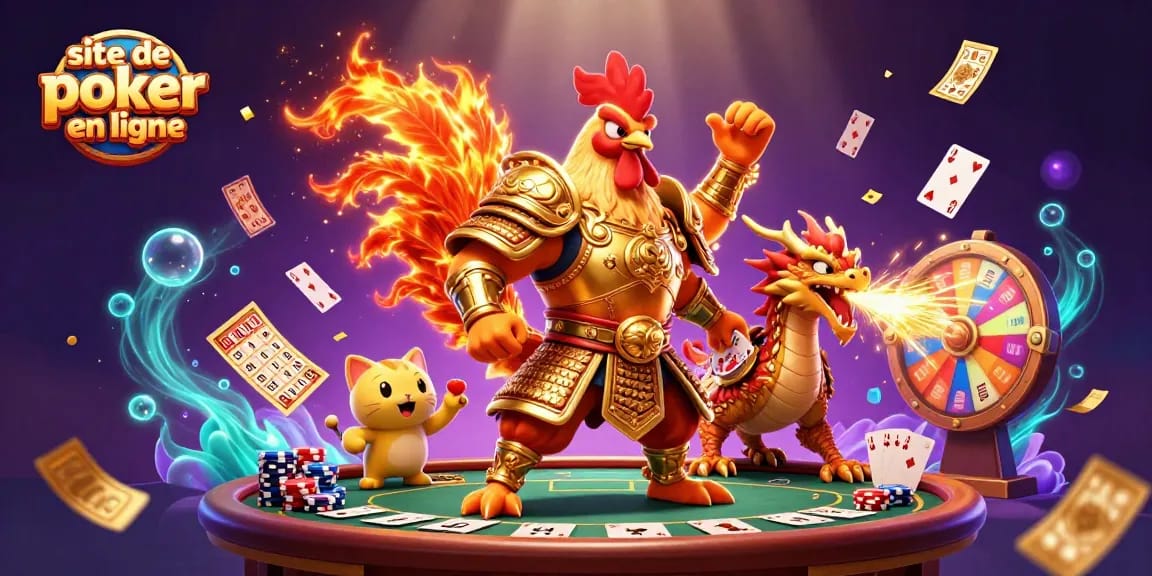 Jouez sur le site de poker en ligne avec des personnages captivants accompagnés de cartes et de jetons dans un cadre dynamique.