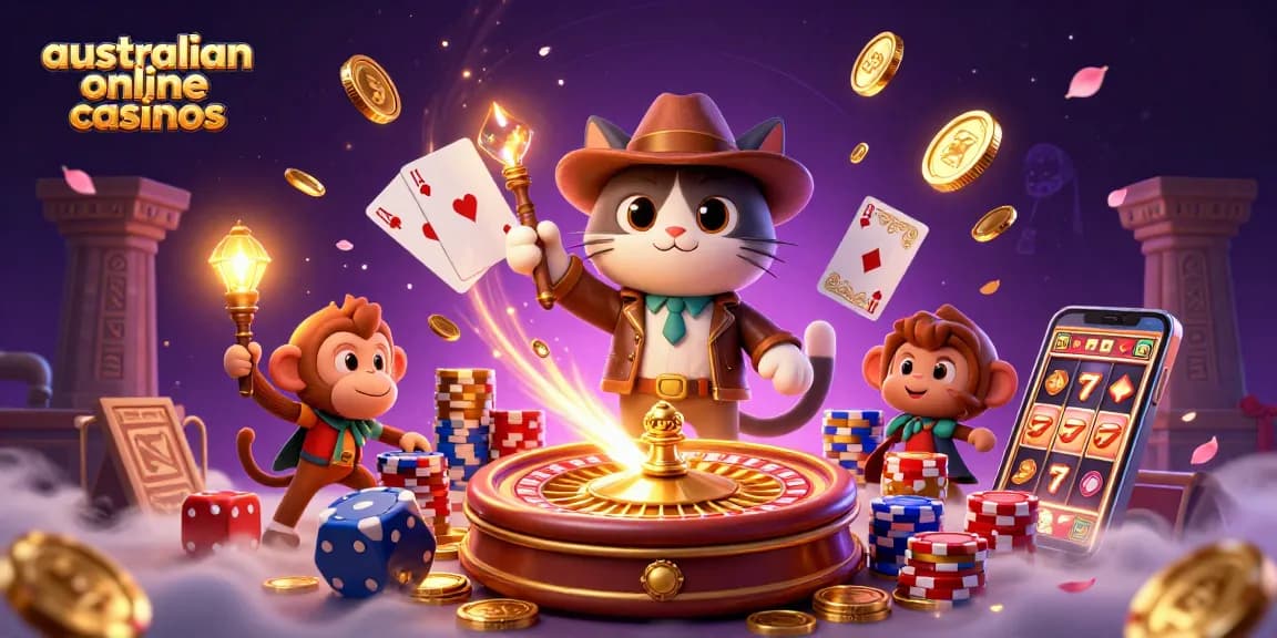 Experience the excitement of australian online casinos with an energetic scene of treasure hunting amidst casino splendor.