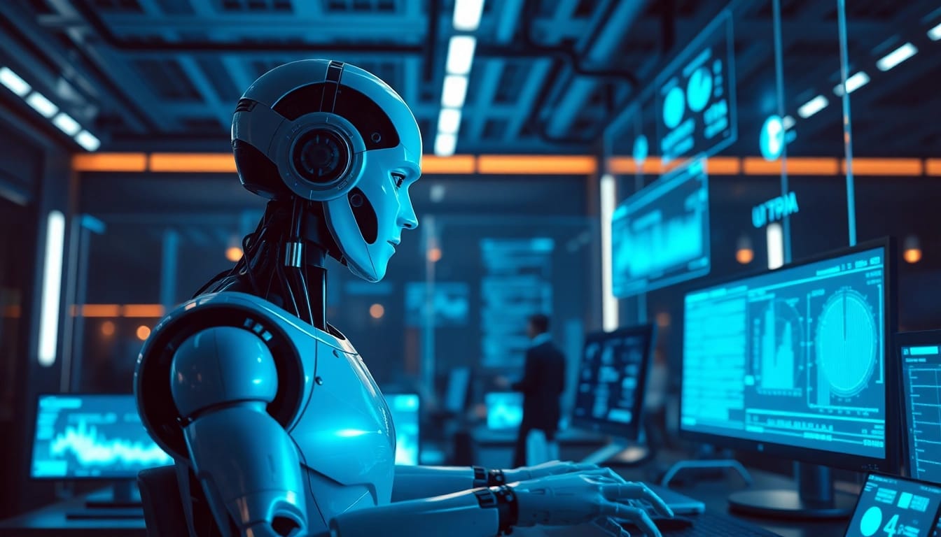 AI agents interacting with digital interfaces in a high-tech workspace.
