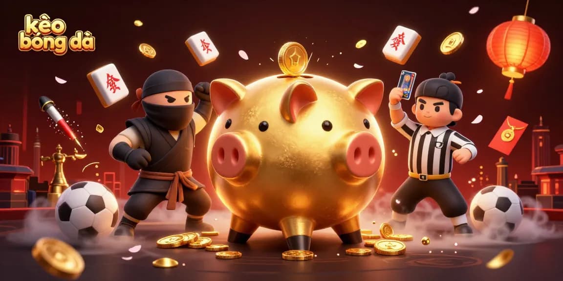 Experience kèo bóng đá with intense action as the golden piggy bank sumo wrestler shakes loose coins in a sports betting frenzy.