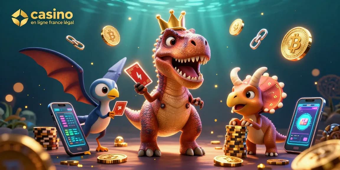 Jouer au casino en ligne France légal avec un T-Rex, un ptérodactyle et un tricératops au milieu de pièces de crypto-monnaie
