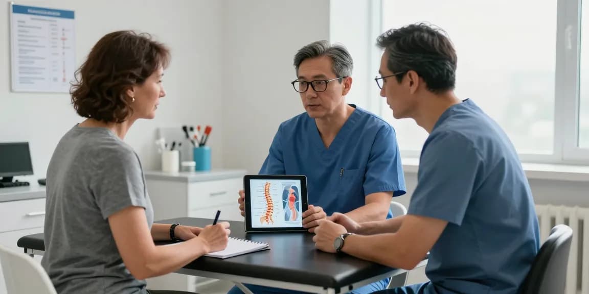 Consultation on Dar kanal ameliyatı with surgeon using tablet to explain spine anatomy in a modern medical room