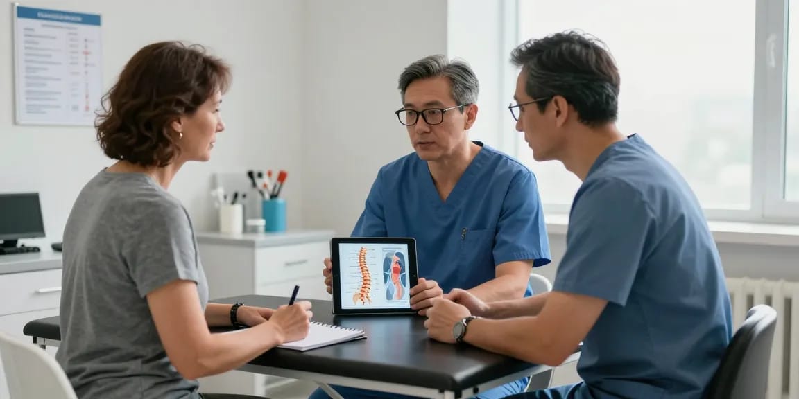 Consultation on Dar kanal ameliyatı with surgeon using tablet to explain spine anatomy in a modern medical room