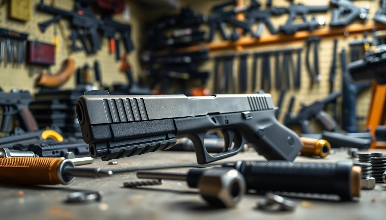 Showcasing the glock 43 slide mos with tools in a workshop environment.
