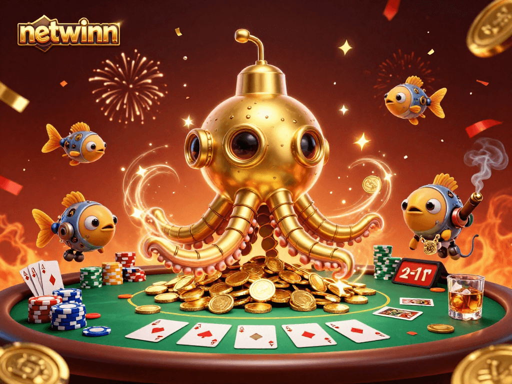 Engage with netwinn’s vibrant online casino experience featuring a golden kraken submarine in action.