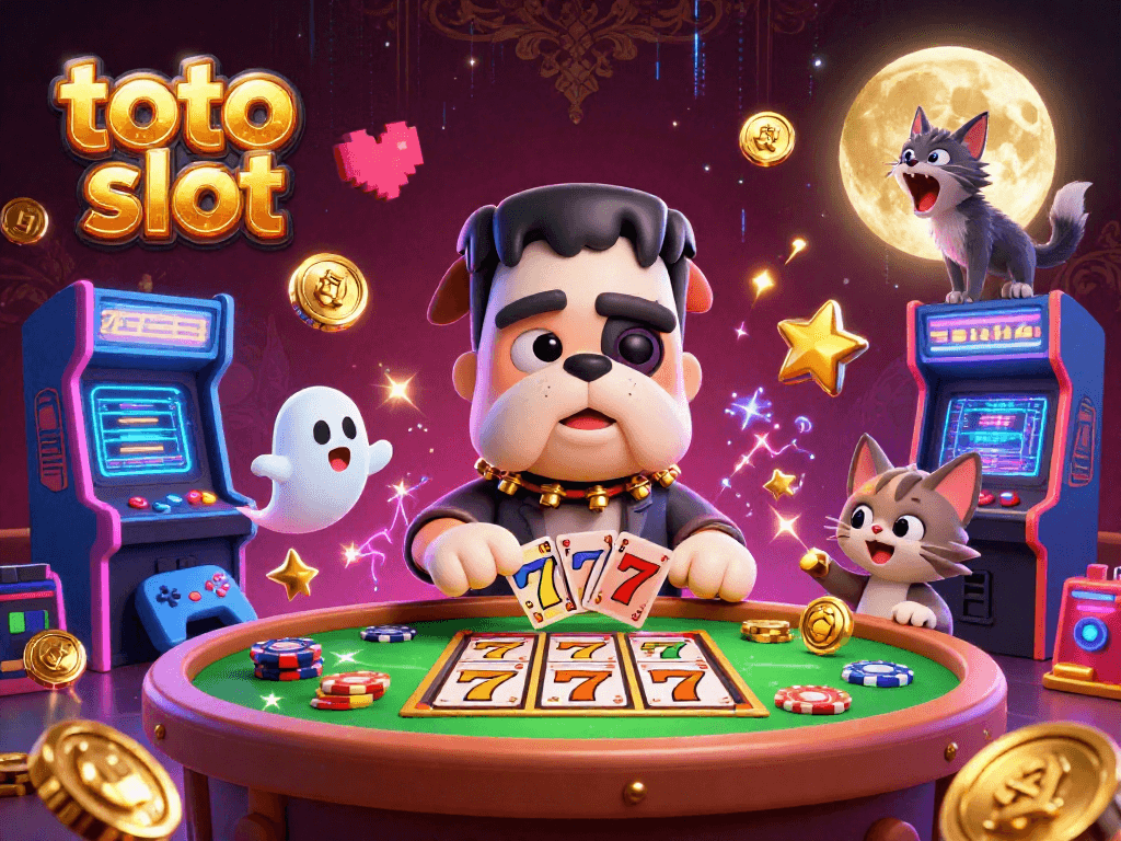 Menangkan permainan toto slot di kasino virtual dengan bulldog Frankenstein dan efek cerah yang menarik.