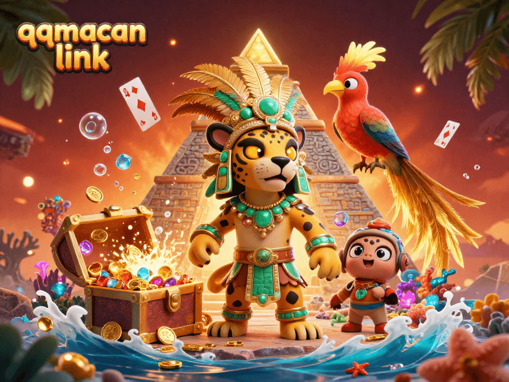 Engage with the qqmacan link in this vibrant Mayan-themed casino scene filled with treasures.
