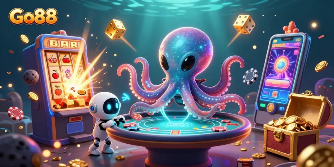 Engage with Go88 and win big at the holographic poker table in this vibrant casino scene.