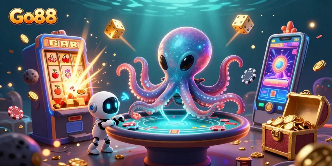 Engage with Go88 and win big at the holographic poker table in this vibrant casino scene.