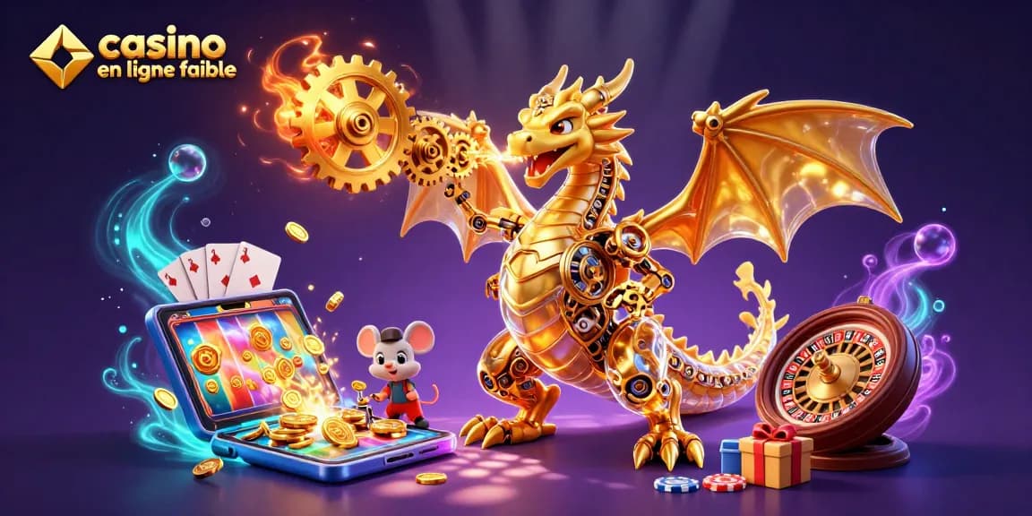 Découvrez le casino en ligne fiable avec un dragon doré mécanique au milieu de jeux et de jetons.