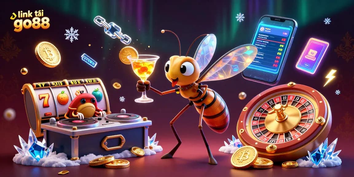 Experience the excitement of gambling with link tải go88, featuring a dynamic casino scene with vibrant characters and game elements.