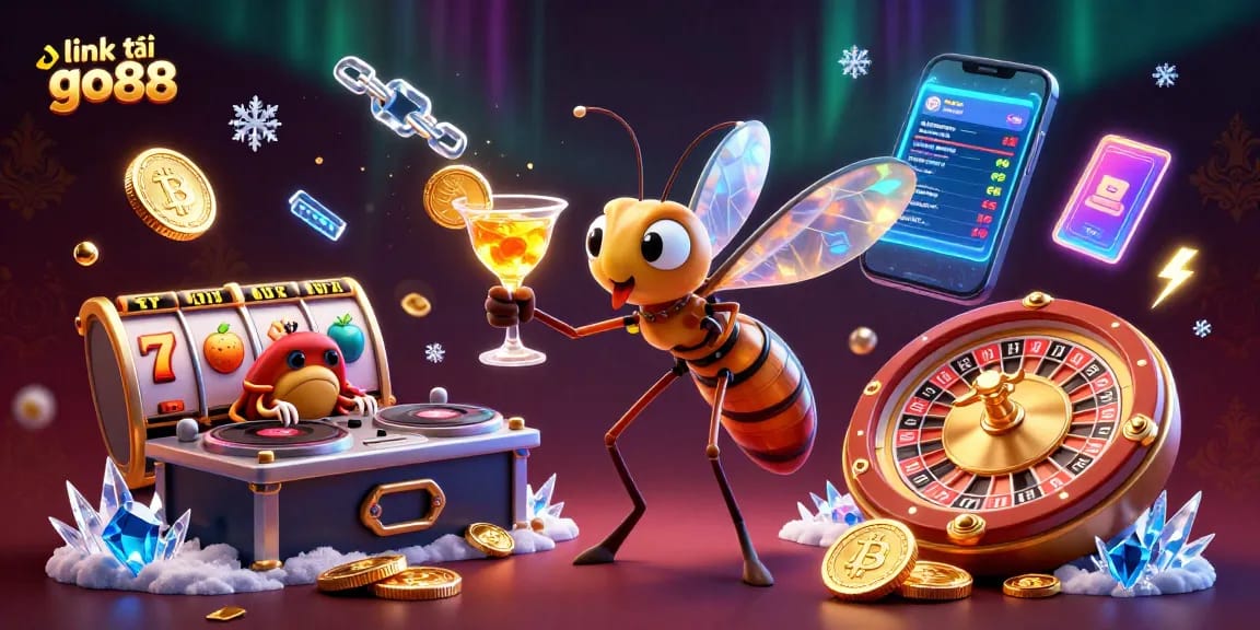 Experience the excitement of gambling with link tải go88, featuring a dynamic casino scene with vibrant characters and game elements.
