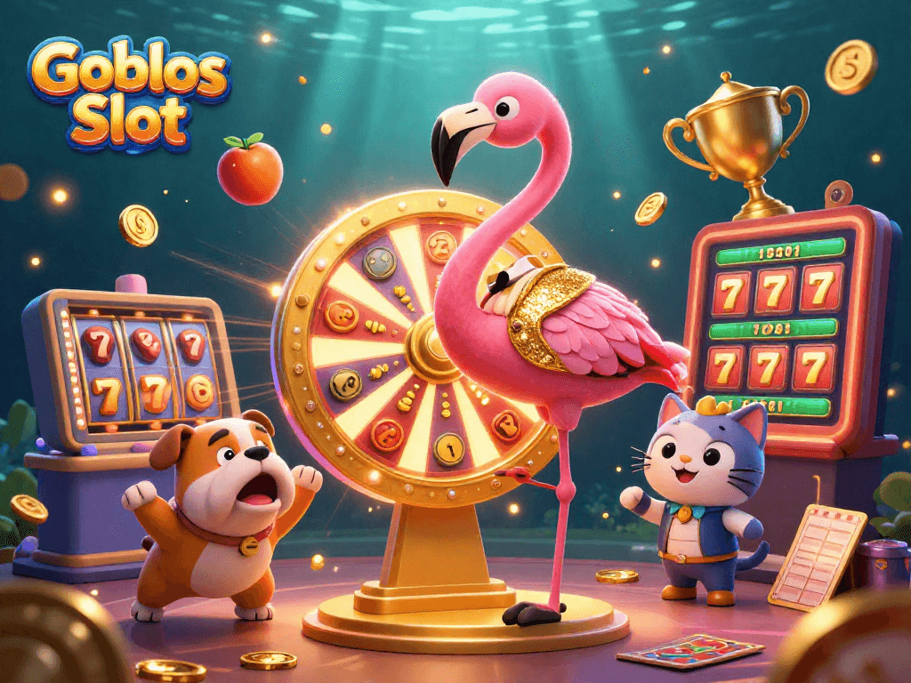 Engage in thrilling wins with Goblos Slot at the vibrant casino scene featuring animated characters.