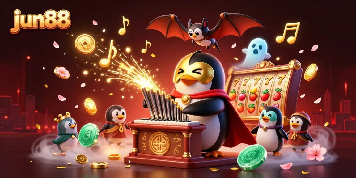 Experience thrilling gameplay at jun88 with a casino-themed illustration featuring a playful penguin and dynamic game elements.