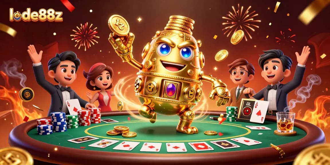 Engage in exciting gameplay at lode88z with a stunning 3D golden golem surrounded by poker elements.