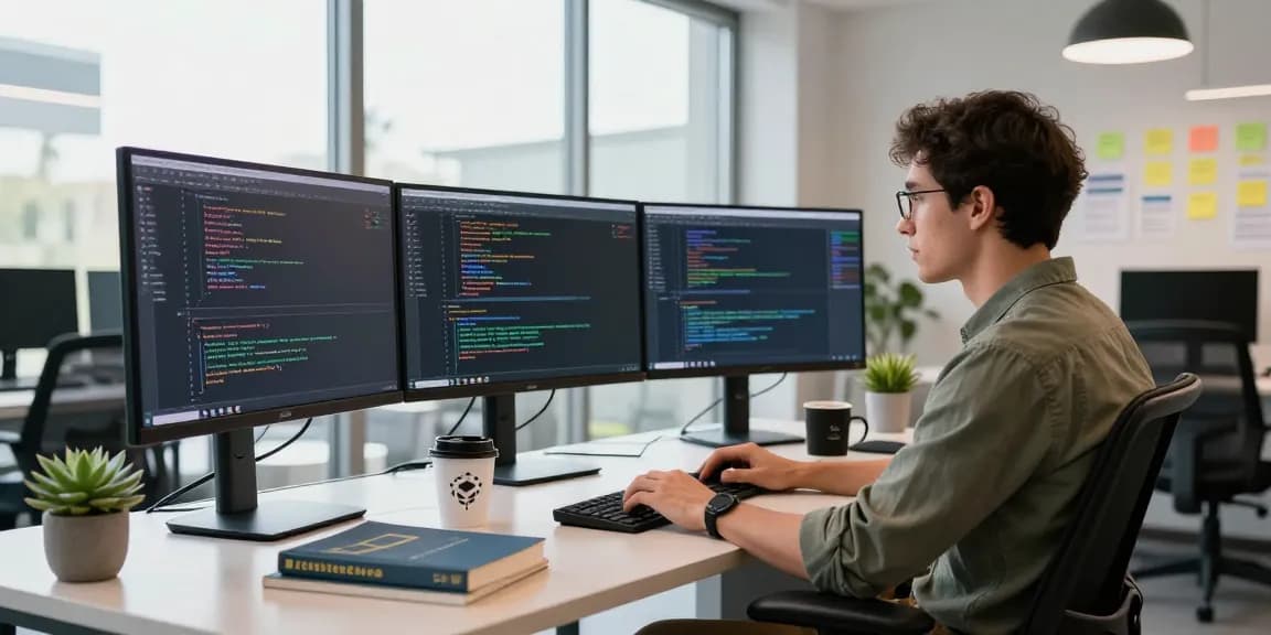 Developer working at a tech workspace with code displays and modern design at https://www.bdtjl.app/