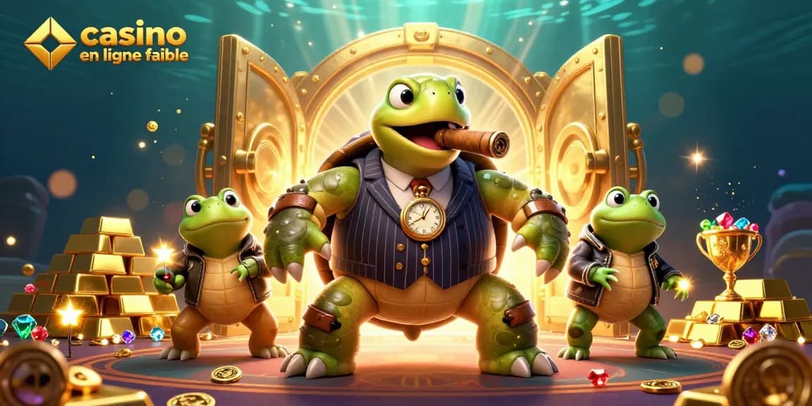 Admirez notre illustration du casino en ligne fiable avec une tortue et des grenouilles en action.