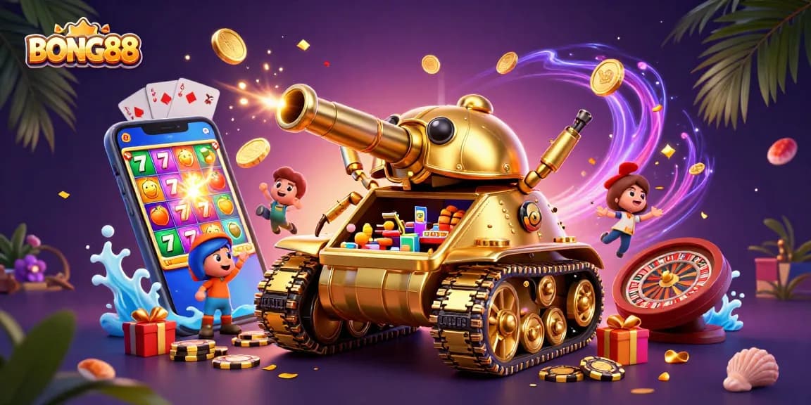 BONG88 showcases a vibrant 3D casino scene with a golden beetle tank revealing a miniature casino.