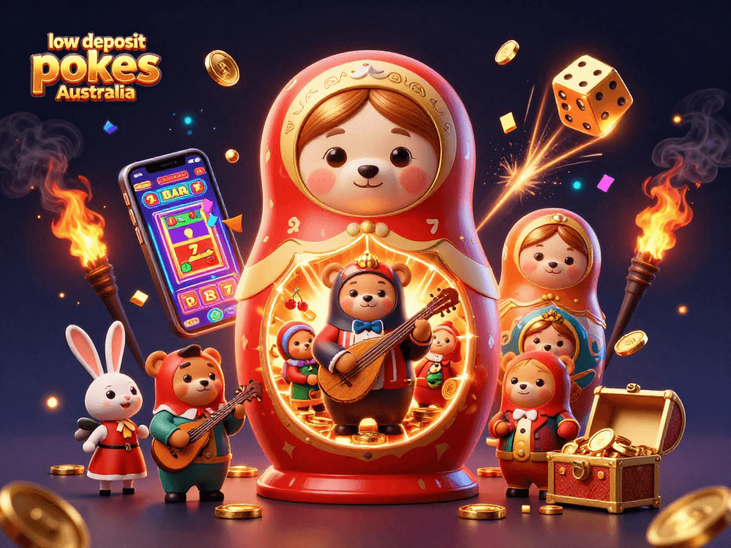 Engage with low deposit pokies Australia offers with vibrant casino-themed 3D illustration featuring playful characters.